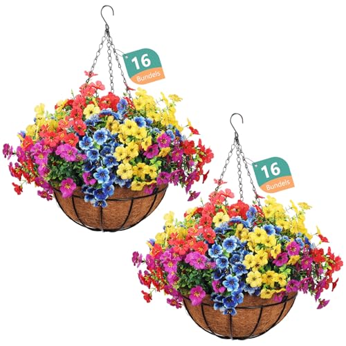 2 Pack Outdoor Artificial Flowers with Hanging Basket, Fake Hanging Flowers for Spring Summer Front Porch Patio Yard Garden Home Decor (Blue, Red, Purple, Yellow)