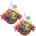 2 Pack Outdoor Artificial Flowers with Hanging Basket, Fake Hanging Flowers for Spring Summer Front Porch Patio Yard Garden Home Decor (Blue, Red, Purple, Yellow)