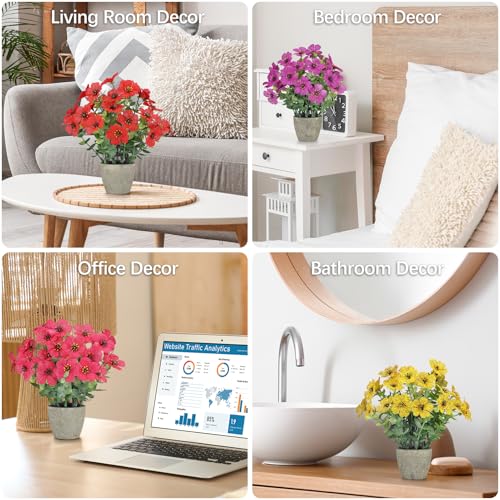 4 Pack Small Fake Plants Potted Artificial Plants Artificial Flowers Potted Faux Flower Daisy with Eucalyptus Leaves for Home Decor Office Room Farmhouse Indoor Table Bathroom Decor （Mixed） - color: 4 Mixed Colors