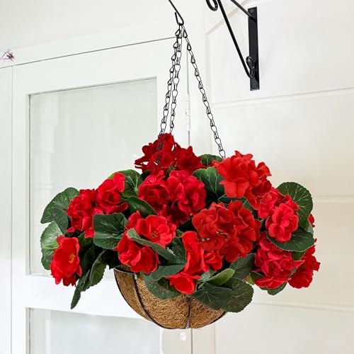 TURNMEON 2 Pack Artificial Geraniums Fake Flowers for Outdoors Summer Decoration, Silk Geraniums Red Flowers UV Resistant Faux Flower Potted Plants for Gardens Farmhouse Indoor Home Table Decor (Red) - color: Red