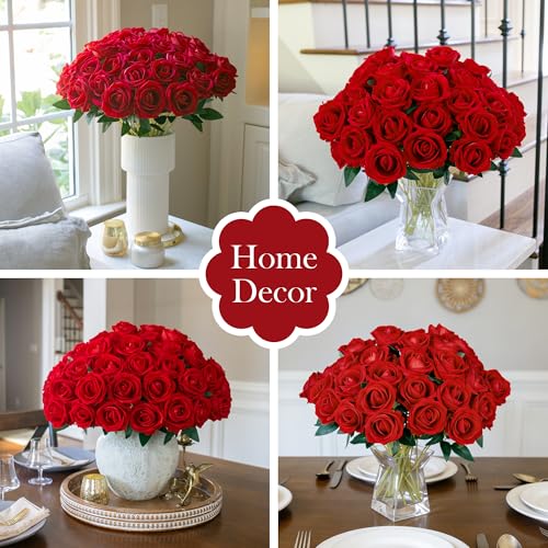 50 PCS Red Roses Artificial Flowers, Real Looking Fake Roses with Long Stems Silk Flowers for DIY Wedding Bouquet Party Celebration Home Bridal Baby Shower Decoration Birthday Gift for Her Wife - color: Red