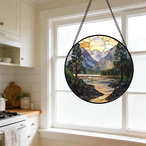 Stained Glass Window Hanging, Sunset Mountains Lake Tree Sun Catcher for Window Home Decor Landscape Suncatcher Mother's Day Birthday Gifts for Women Men Mom and Nana 6.3 in - color: 1-yellow Green, size: 6.3x6.3 IN