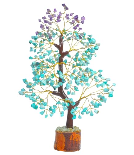Crocon® Amethyst & Amazonite Tree of Life for Positive Energy feng Shui Tree, Fake Bonsai Tree, Crystals and Healing Stones, Money Tree, Room Decor Stone Tree, Healing Crystals, Spiritual Gifts - color: Amethyst & Amazonite Golden