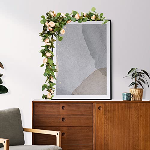 PONKING Flower Garland Artificial Rose Vine Flowers Hanging Fake Roses Vines for Wedding Birthday Party Valentines Christmas Room Wall Arch Decor, 2 Off White Floral Garland Decorations - color: 2" Flower Champagne Vines 5.4ft