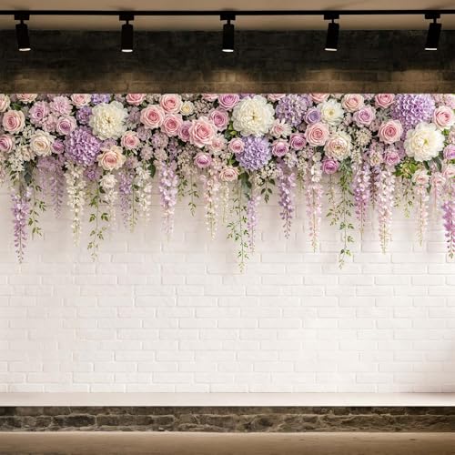 JAWO 6X4ft Floral Brick Wall Backrop Pink Purple Rose Hydrangea Hanging Vine White Brick Wall Photography Backdrop Wedding Bridal Baby Shower Birthday Anniversary Party Decor Photo Booth Prop - color: Purple2, size: 6X4