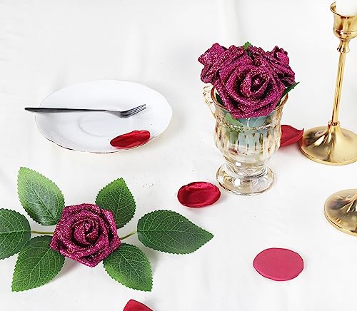 IPOPU Artificial Roses,25pcs Glitter Roses Glitter Flowers Foam Roses with Stems for DIY Wedding Bridal Bouquet Home Party Decoration(Deep Pink) - color: Deep Pink