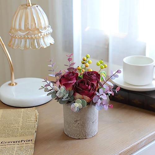 Small Artificial Burnt Burgundy Rose Potted Plant, 6" Fake Silk Flowers in 3" Cylindrical Pot, Mini Faux Floral Arrangement for Desk Shelf Bathroom Decor - color: Burnt Burgundy