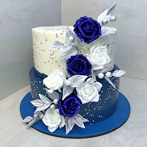 IPOPU Foam Roses,50pcs Royal Blue Glitter Roses Glitter Flowers Foam Flowers with Stem for DIY Wedding Bridal Bouquet Home Party Decoration(Royal Blue) - color: 50pcs Royal Blue