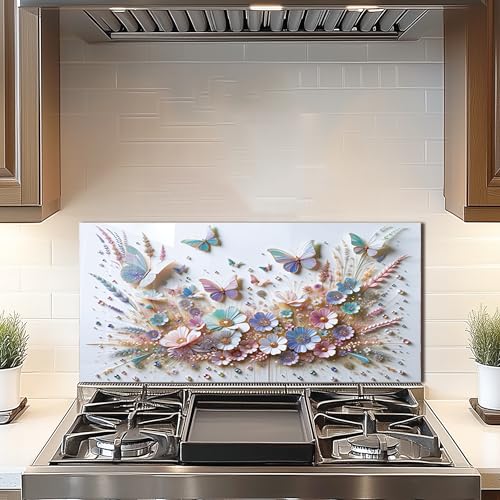 DAIFURONGE Butterfly Tempered Glass Backsplash for Kitchen, 30''x14'' | Frameless,Easy to Clean - size: 30"L x 14"W