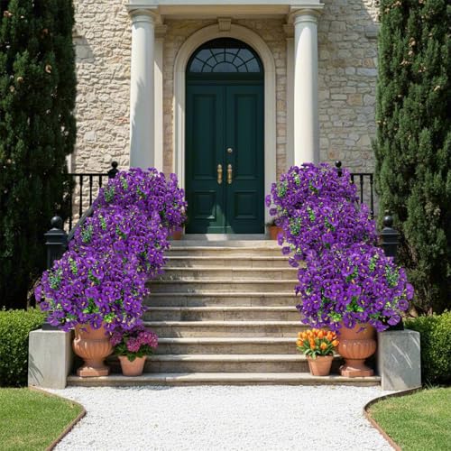 Bassion Artificial Flowers for Outdoors, 20 Bundles Silk Fake Flowers UV Resistant Realistic Morning Glory Faux Eucalyptus Plants for Outside Planters Porch Window Box Garden Indoor Decor - color: Purple