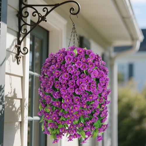 Ammyoo Artificial Faux Hanging Flowers Basket for Spring Summer Outdoor Porch Decor, Fake Silk Colorful Morning Glory Eucalyptus in Planter UV Resistant Look Real for Home Balcony Yard(Darkorchid) - color: Darkorchid