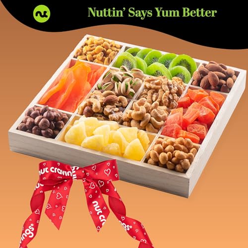 NUT CRAVINGS - Dried Fruit & Mixed Nuts Gift Basket in Reusable Wooden Tray + Ribbon (12 Assortments) Food Arrangement, Healthy Snack Care Package, Kosher - style: 6. Red Ribbon Dried Fruits & Nuts Wooden Tray