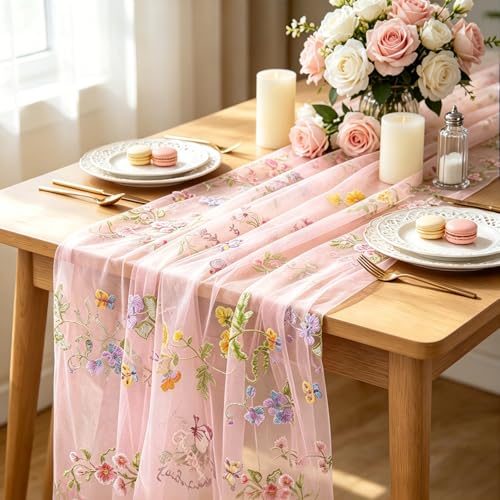 Pink Floral Table Runner 10ft Embroidery Tulle Spring Wildflower Table Runner Seasonal Summer Butterfly Kitchen Dining Gauze Decoration for Baby Shower Wedding Party Birthday (1 Pcs) - color: Pink