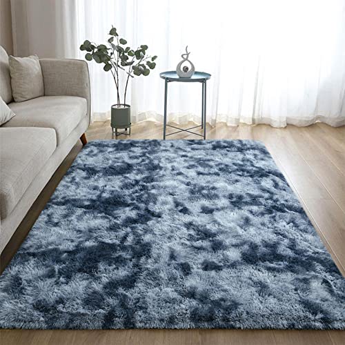 DweIke Fluffy Blue Grey Rugs for Bedroom Living Room, 3x5 Feet Soft Plush Shaggy Tie-Dyed Navy Blue Gray Girls Boys Kids Rug, Upgraded Non-Slip and Machine Washable Carpet for Dorm Nursery Decor - color: Blue Grey, size: 3 Ft X 5 Ft