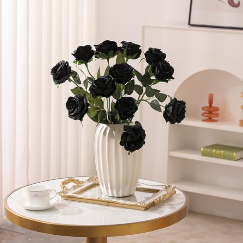 Hawesome 12PCS Artificial Silk Flowers Realistic Roses Bouquet Long Stem for Home Wedding Decoration Party (Black, 12Pcs Flowers) - color: Black, size: 12Pcs Flowers