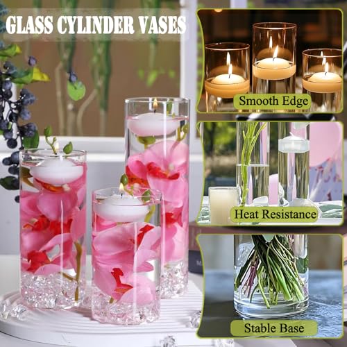 24 Pcs Floating Candles 12 Glass Vases for Centerpieces with 400 Acrylic Fake Ice Cubes 6 Pearl String Vase Filler Floating Candle Centerpieces for Tables Party Event Wedding Home Decor