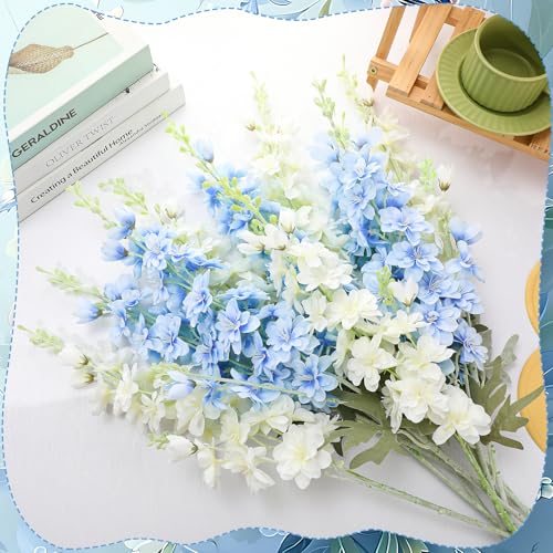 10 Pcs Delphinium Artificial Flowers for Decoration, 33.86 Inch Long Stem Larkspur Fake Flowers Light Blue Faux Silk Bouquets for Tall Vase Wedding Home Decor Floral Arrangements(White+Blue) - color: White+light Blue, size: 33.86 inch