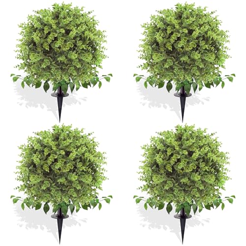 Artificial Topiary Tree with Eucalyptus, Set of 4 UV Resistant Fake Evergreen Shrubs with Ground Spike for Porch, Artificial Plants for Outdoor Indoor Garden Planters, Lifelike Decor - color: Green