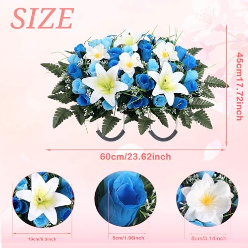 Cemetery Flower Saddle - Grave Flowers for Cemetery,Artificial Rose, Lily & Orchid Arrangement for Headstone - All-Weather Grave Decor for Outdoor Tombstone Headstone Decorations (Blue) - color: Blue