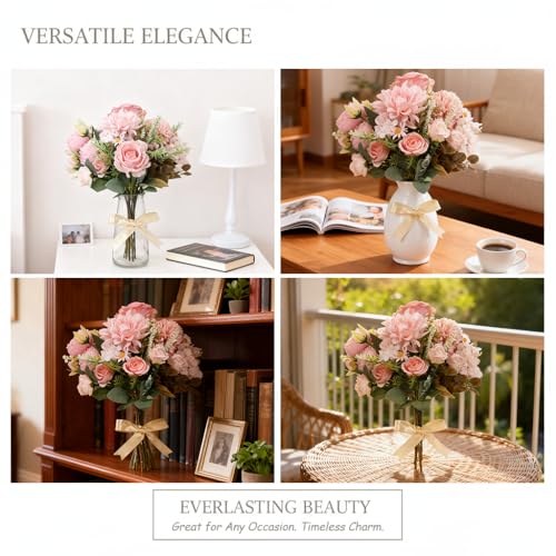 Bulk 12 Bundles Artificial Peonies Flowers, Silk Roses, Faux Dahlias & Chamomile in Hydrangea Bouquet for Vase Filler, Wedding Centerpiece, Home Party Decor