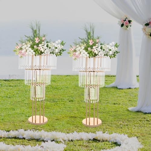 2Pcs 3 Tiers Wedding Centerpieces Vase, 28.34" Tall Wedding Centerpieces Crystal Flower Stand, 3-Tier Crystal Vase with 11.81" Round Base for Party Event Home Decoration (Gold) - color: 3 Tiers+gold+11.81" Round Base