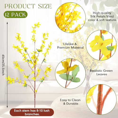 XunYee Fake Forsythia Long Stems Artificial Forsythia Branches Yellow Flower Branches Artificial Orchids Flower Branch Faux Flowers Stem for Home Wedding Indoor Outdoor Decor(25.5inch,12 Pcs) - size: 25.5inch