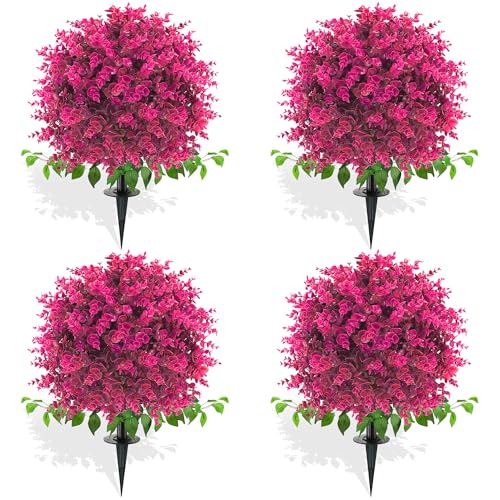 Artificial Topiary Tree with Eucalyptus, Set of 4 UV Resistant Fake Evergreen Shrubs with Ground Spike for Porch, Artificial Plants for Outdoor Indoor Garden Planters, Lifelike Decor - color: Pink
