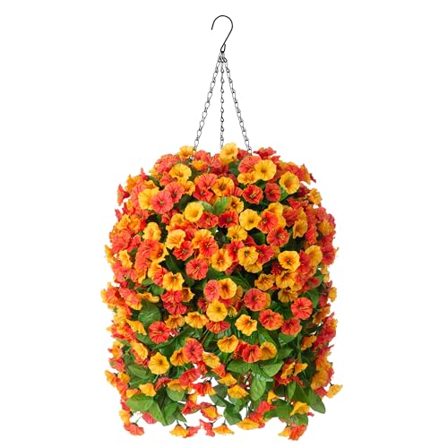 INXUGAO Artificial Flowers with Hanging Basket, Outdoor Faux Plants Silk Morning Glory Vines, Fake Green Arrangement for Garden Patio Spring Summer Decor(4pcs,Orange) - color: Orange