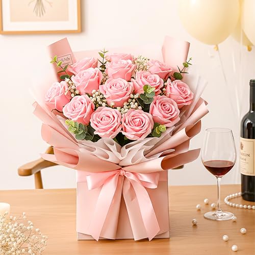 Auihiay 14PCS Pink Fake Roses, Artificial Roses Flowers with Long Stems for Mother's Day, Valentine's Day, Wedding Bouquet, Baby Shower, Birthday, Home & Party Decor - color: Pink