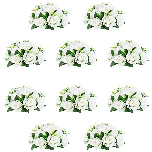 10Pcs Artificial Flower Ball Arrangement, 9.5" 15 Heads Wedding Roses Bouquet with Base Suitable for Parties Valentine's Day Wedding Centerpieces Flower Rack and Home Decor (White) - color: White
