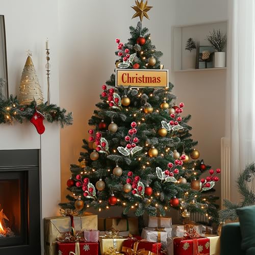 10 Pcs Christmas Flowers Artificial Red Berry Picks Decor, Holly Berries Stems, Christmas Tree Decoration, Winter Bouquet Silk Floral Arrangements Home Outdoor Indoor Ornaments