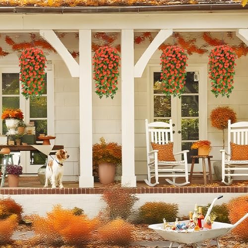 Waipfaru Artificial Fall Hanging Flowers Plants Baskets for Outdoors, Fake Mums, Fall Porch Outdoor Decor, Faux Mums Artificial Flowers with Hanging Baskets for Urn Fillers