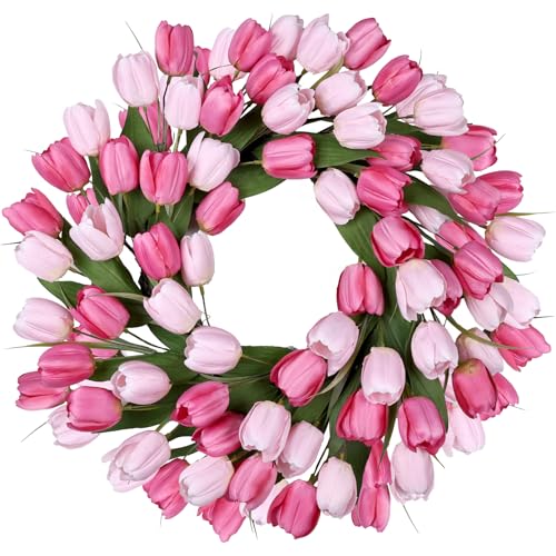 24 Inch Tulip Summer Wreath for Front Door Spring Silk Wreath with Green Leaves Artificial Tulip Flower Wreaths for All Seasons Farmhouse Porch Wall Living Room Home Widding Decor-Red - color: Red