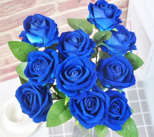 Kenpal Realistic Fake Roses Artificial Flowers with Stem for Decoration Floral Arrangement Centerpieces Wedding Bouquets (10, Blue) - color: Blue