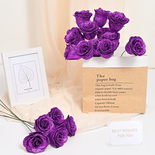 Waipfaru Glitter Roses Bouquet, DIY Fake Flowers Bouquet, Everlasting Shiny Artificial Rose Bouquet for Valentines, Anniversary, Engagement, Wedding, 24 Roses - color: Purple, size: 24pcs
