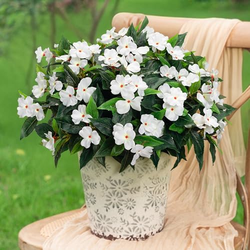 Fake Flowers Artificial Flowers for Outdoor，White Artificial Impatiens Bouquet Flowers for Outdoors，Spring Flowers Artificial Impatiens Outdoor Silk Fake Flowers Indoor Decor 4pcs(White) - color: White-4