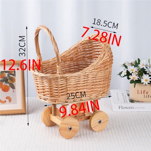 Woven Rattan Stroller Shaped Flower Basket, Vintage Wicker Baby Carriage Planter for Floral Arrangements, Baby Shower Wedding Party Decor, Photography Props, Floral Rustic Home Decor (Mini Basket) - color: Mini Basket