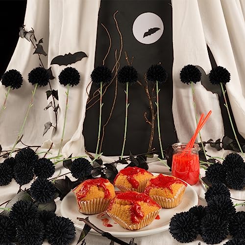 Xunyee 30 Pcs Halloween Artificial Black Flowers with Stems 2.76'' Large Black Faux Flowers Plants Faux Silk Chrysanthemum Ball Hydrangea Arrangements for Wedding Bouquet Floral Centerpiece Decoration