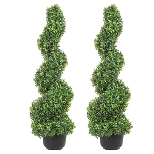 VEVOR Artificial Boxwood Spiral Topiary Trees, 3ft Tall (2 Pieces) Faux Plant Outdoor, All-Year Green Fake Plant with Replaceable Leaves for Decorative/Indoor/Porch/Garden - size: 3ft