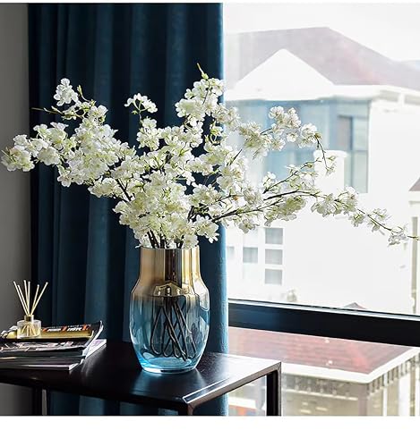 Artificial Flowers Cherry Blossom Branches Fake Flowers,White Silk Peach Flowers Bulk Faux Spring Branches Arrangement Fake Cherry Flowers Stems 4Pcs for Indoor Outdoor Table Vase Deco - color: White