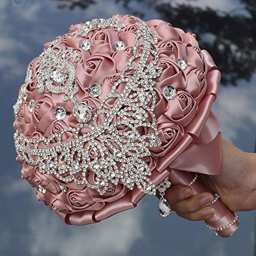 Handmade Luxury Wedding Bridal Bouquet Large Silk Rose Holding Toss Artificial Flowers Bouquets with Satin Ribbon Pearls Rhinestone for Bride Vintage Royal Wedding Bouquet (Dark Pink) - color: Darkpink