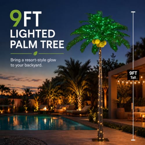 Lightshare 9FT Gorgeous LED Palm Tree with Coconuts - 368 Lights, Artificial Tropical Decoration for Indoor and Outdoor, Home, Patio, Christmas & Nativity Scenes - size: 9ft