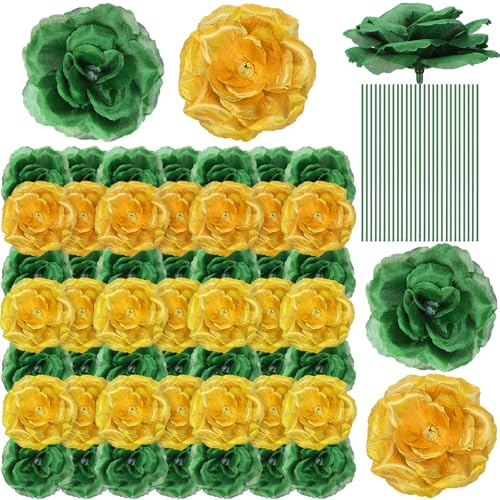 Yunlly 100 Pcs Artificial Flowers Fake Silk Roses Long Stem Rose Bouquet Wedding Party Home Decor for DIY Baby Shower Centerpieces Tables Home Decorations(Green,Gold) - color: Green,gold