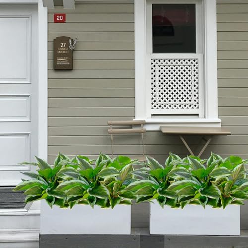 4 Pcs Artificial Hosta Plants Outdoor, 16" Fake Tropical Green Plants, UV Resistant, Realistic, Faux Green Leaf Stems for Home Offices Outside Porch Patio Balcony Garden Indoor Table Décor - color: White Edge, size: 4 Pcs