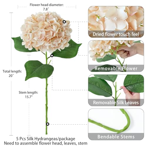 ZYTUYO 5 Pcs Light Coffee Silk Hydrangeas Artificial Flower Boho 20'' Faux Hydrangeas for Fall Indoor Home Decor Spring Kitchen Living Room Outdoor Porch Wedding Flower Arrangement - color: Light Coffee