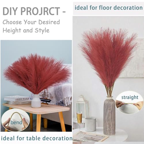 38" 10 Stems Faux Pampas Grass Tall - Red Tall Pampas Grass Decor Pompas Floral Arrangement and Vase Filler for Boho Home Wedding Mothers Day Decoration - color: Burgundy