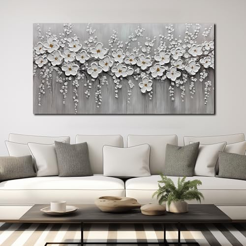 TYTAUPT Large White Flower Picture For Living Room,Floral Painting Wall Art For Dining Room Bedroom Hallway Decor 29 x 58 Inch - color: White Gary, size: 58"L x 29"W