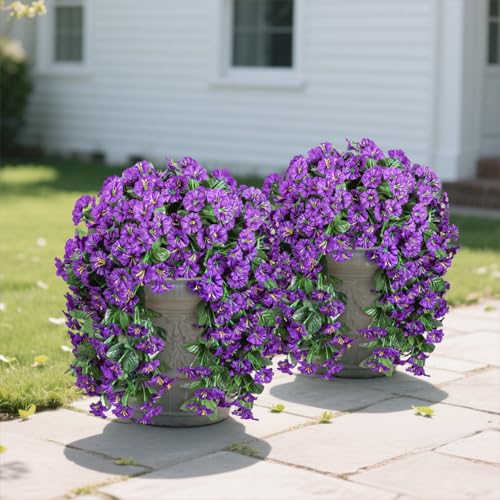 Fake Flowers for Outdoor Decoration, 2 Pcs Spring Silk Purple Morning Glory, Artificial Trailing Vines UV Resistant Realistic for Porch Patio Balcony Planter - color: Purple