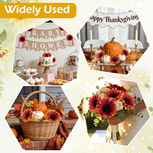 Coferset 40pcs Fake Sunflower Heads with Stems, 4" Fall Sunflower Artificial Silk Flower Heads for Party Baby Shower Wedding Making Handicrafts Home Fall Decor(Red Orange) - color: Red Orange-40pcs