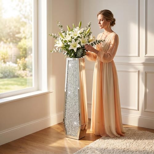36" Extra Tall Double Sided Crushed Diamond Vases,Six Sided Three-Dimensional Diamond Vase,Extra Large Mirrored Silver Crystal Vase for Home,Office,Hotel(10.6" Lx5.37 W x 36" H) - size: Crushed Diamond:10.6''L X 5.37''W X 36''H